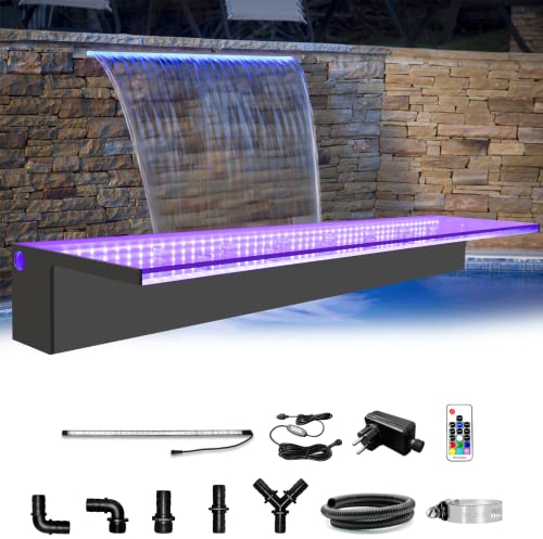 LONGRUN Pool Wasserfall Bachlaufsets, Garten Brunnen mit Farbwechsel LED, Acryl Teich Wasserfontäne für Außengarten-90cm