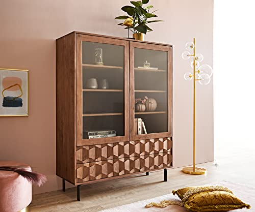 DELIFE Glasschrank Fevo Akazie Braun 115x150 cm L-Fuß Vitrine