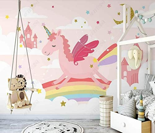 NEWWALLMURAL Papier Peint 3D Intissé Étoiles Arc En Ciel Licorne Rose Papier Peint Panoramique 3D Moderne Décoration Murale