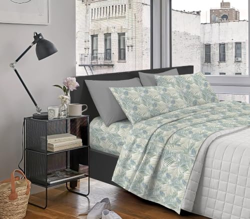 Il Gruppone Passione Casa Completo Letto Lenzuola Matrimoniale,100% Cotone, Set letto, Lenzuolo Sopra, Sotto e Federe 2 Piazze - Fiorellini blu (Palme Verdi)