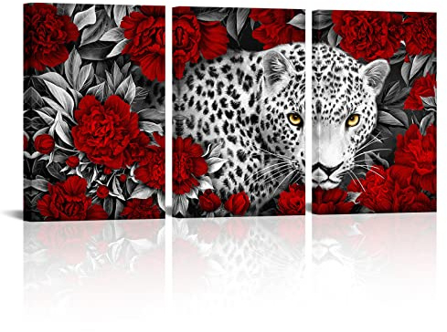 Kalormore Leinwandbild, Motiv: Wildtiere, Schwarz und Weiß, Burgunderrot, Leopard mit gelben Augen in Blüte, Poeny-Blumen, Gemälde, gerahmtes und gespanntes Kunstwerk für modernes Wohnzimmer, 3 Stück