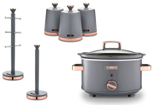 Tower Cavaletto Grey & Rose Gold 3.5L Slow Cooker, Set of 3 Tea, Coffee & Sugar Canisters, Mug Tree & Towel Pole. Matching Set of 6 Kitchen Items in Grey & Rose Gold