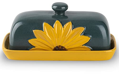 Beurrier en céramique avec couvercle Motif tournesol Jaune