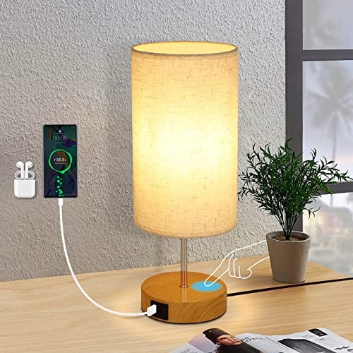 Glitzerlife Tischlampe Wohnzimmer Nachttischlampe Touch- Dimmbar Warmweiß Licht mit Stoff Lampenschirm USB Ladefunktion E27 Led Lampe für Modern Deko Schlafzimmer Wohnzimmer Nachttisch