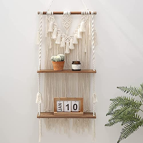 Boho Makramee Wandregal, 2 Schichten Handgemachte Holz Schweberegal Wanddeko, Böhmische Regal für Balkon Badezimmer Wohnzimmer (Doppelt)