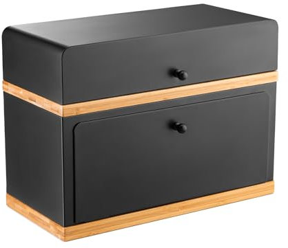 Kos Design Two Tier Bread Box for Kitchen Countertop- Bamboo Wooden Bread Bin- Fresh Bread Storage Container with Durable Steel Frame- Elegant, Vintage Kitchen Bread Holder- 15 x 11 x 7 Inch