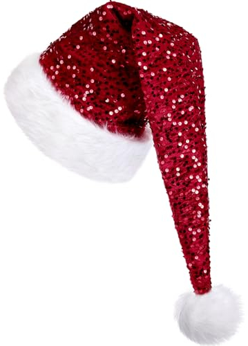 KONVINIT Lang Weihnachtsmütze Erwachsene Nikolausmütze Weihnachtsmann Mütze mit Glitzer Pailletten und Plüsch Rand für Christbaumspitze Festliche Weihnachtsfeier Tannenbaum,rot