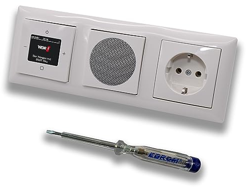 Busch Jäger DAB+ (DAB PLUS) UnterputzRadio 8215U-101 Balance SI alpinweiß, Set mit Lautsprecher, Abdeckungen, Steckdose mit Kinderschutz, Rahmen + EBROM Phasenprüfer z. Montage der Geräte 8215U