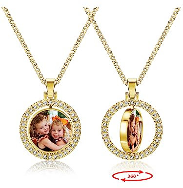 PiercingJak Collier Personnalisé Photo Homme Femme Double Face Pendentif Rond Tournant Strass Photo Personnalisable Cadeau Couple Amour Amoureux Amitié Famille Anniversaire Noël (Or)