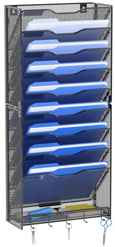 OUTWOLF 10 Tier Hanging Wall File Organizer Wall Mount Paper Document Folder Holder with Hooks for Home Office Organization