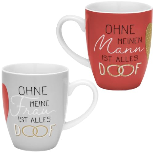 GRUSS & CO Tassen-Set mit Motiv Alles doof | Geschenkset aus 2 Tassen mit Motivdruck, in Geschenk-Banderole verpackt | Geschenk zur Hochzeit, Hochzeitsdeko | 48649