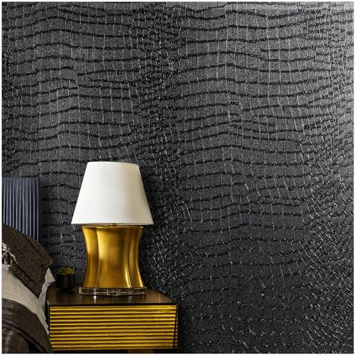 Kimhan Peel and Stick Wallpaper Black Vinyl Wrap Self Adhesive Wallpaper Textured Crocodile Embossed Removable Wallpaper for Cabinet Bedroom,40x300cm