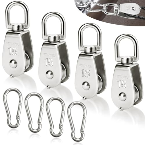 SWTYExt 8 Stück Flaschenzug Set Enthalten 4 Stück Umlenkrolle M15 & 4 Stück Karabiner M4, Umlenkrollen für Seile Edelstahl Seilrolle Tragkraft 35Kg für Sonnensegel Fitness Seilwinde