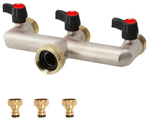 WANDGU Distributore acqua rubinetto a 3 vie: distributore d'acqua da 3/4 in ottone con 3 rubinetti di intercettazione individuali, distributore acqua in ottone per regolare e bloccare il flusso