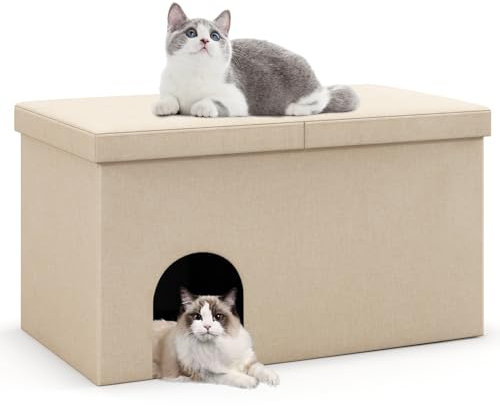 GOPLUS 2 en 1 Meuble Litière Chat avec Tapis de Litière Anti-Fuite, 90 x 50 x 50 CM, Maison de Toilette Chat Pliable avec Couvercle Rabattable Charge 200KG, Filtre de Contrôle Odeurs (Beige)