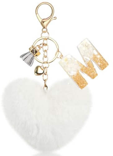 MWOOT Porte Clés Initiale M, Porte Clés Lettre M avec Pom Pom Cœur, Pendentif Porte Clés Alphabet en Résine Blanche pour Femmes Décorations Clés Voiture Porte Monnaie Sac à Dos