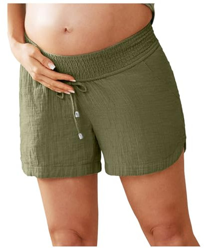 Short Lin Coton Enceinte Grossesse Taille élastique été Short Maternité Chic Pas Cher Shorts Grossesse Femme Large Grande Taille Pantalon Court Femme Confortable (AG, M)