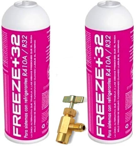 Genérico 2 Botellas Gas Refrigerante Freeze Organico +32 350Gr + Valvula Sustituto R32, R410A.