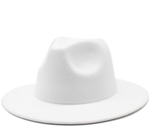 Happyupcity Chapeau Fedora en feutre à large bord blanc pour homme et femme réglable, blanc, Taille unique