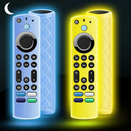 OneBom Silikon-Fernbedienungsabdeckung, leuchtet im Dunkeln, für Firetv 4K Max (2. Generation)/Insignia/Pioneer/Omni (QLED) Serie mit Umhängeband, leicht, rutschfest, stoßfest, leuchtet blau und