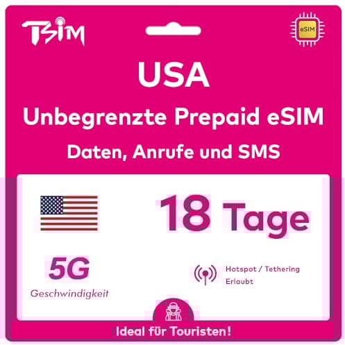 USA eSIM 18 Tage. T-Mobile Netzwerk mit Unbegrenzt Highspeed-Daten, Lokale Anrufe und SMS in den USA (Hawaii Inklusive). Erhalte eSIM Am Selben Tag per E-Mail und Beginne Sofort mit der Nutzung!