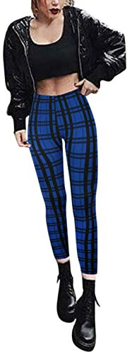 Leggins Damen Thermo Leggings Damen Gefüttert Elastische Jeans Leggings Thermal Plaid Print Imitation Denim Strumpfhosen Wanderhose Fleece Wollleggings (Blue,L)