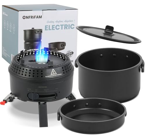 Camping Kochgeschirr Set für 2-4 Personen, 2 IN 1 Elektro und Gaskocher, Kombiniere 700W Elektrische & 2200W Gas, Camping Geschirr Campingkocher für Wohnmobil, Drinnen, Draußen (1 Topf + 1 Pfanne)