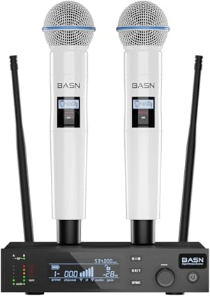 BASN UHF Dual Channel Handheld Wireless Microphone System (White) | Handheld Mics for Stage, Karaoke, Weddings, DJ, and Events