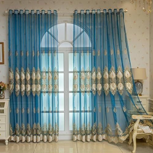 Wycian Flächenvorhang Vintage Gardinen Blaues Gold Voile 2er Pack Mesh mit Vintage-Blumenmuster H183 x B102 cm (2er Pack) Polyester