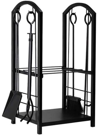 HSIRYAOHD Kaminholzregal mit 4 Kaminwerkzeugen Schmiedeeisen Aufbewahrung Holzscheite Halter mit Schürhaken, Zange, Bürste und Schaufel, Holz Stapelständer für drinnen und draußen