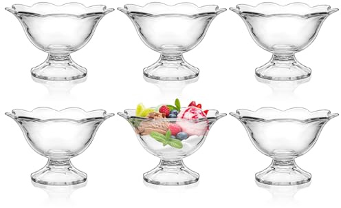 Cambareign Glass Dessert Bowls, Vintage Ice Cream Bowl Set of 6, 9oz Dessert Cups for Sundae, Salad, Fruit, Pudding, Snacks