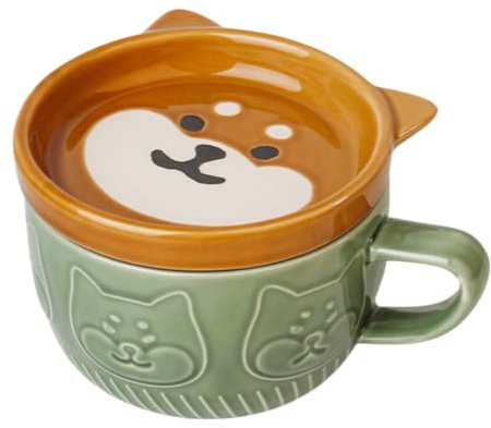 Starry Mart Japanese Style Ceramic Cup with Lid - Shiba Inu | 300ml Cute Animal Mug | Tea & Coffee Cup