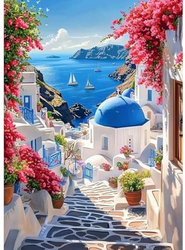 MAXBYE 5D Paysage Diamond Painting Kits, Diamond Art Ville Grecque DlY Peinture Diamant Complet Kits pour Adulte Débutant, Gemme Point de Croix Crystal Crafts Home Wall Decor Cadeaux 12x16 Inch