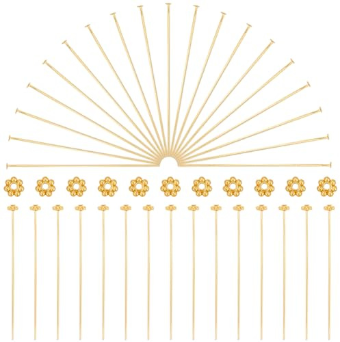 SOFPLATE 1 Box 100 Sets Messing Flachkopfstifte Ohrring Herstellungsstifte Gold Mit Gänseblümchen Abstandsperlen Aus Legierung Lange Kopfstifte Perlennadeln Zubehör Für Die Schmuckherstellung Ohrringe