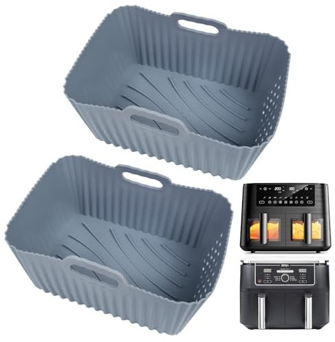 ENSINE Air Fryer Silicone Liners for Ninja Foodi Max Dual Zone AF400UK/AF451UK 9.5L, 2 Pcs Customized Air Fryer Inserts Compatible with Cookwise Dual Air Fryer 9L, Reusable Air Fryer Accessories,Gray