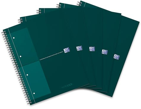 Oxford International Notebook A4, kariert, Collegeblock mit Hardcover, 160 gelochte Seiten, grün, 5 Stück