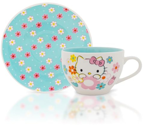 Hello Kitty Sanrio Floral Bone China Teacup and Saucer Set | Tea Party For Coffee, Espresso, Mocha | Holds 7 Ounces