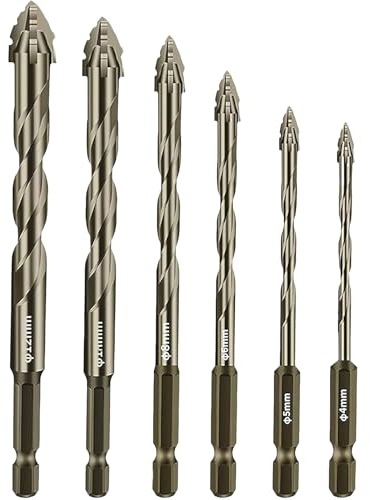 6 Pcs Four-Flute Sawtooth Eccentric Twist Drill Bit, Concrete and Masonry Drill Bit Set, Set for Concrete/Glass/Tile/Wood/Metal, Hexagonal Shank Drills, Short bits, (4/5/6/8/10/12mm)