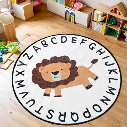 Tapis Design Kinderteppich mit Cartoon Löwen Design, Weich, Rutschfest, Niedriger Flor, Waschbar, Kinderteppich für Jungen, Mädchen, Schlafzimmer, Klassenzimmer, Wohnzimmer, Spielzimmer (Rund, 120 cm)