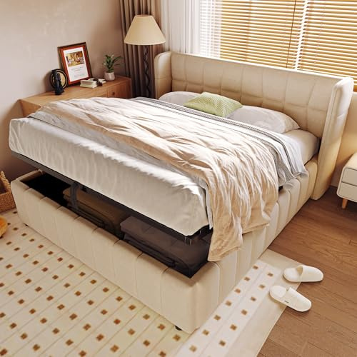 Manijind Bett 180 x 200 cm Doppelbett mit Gepolstertem Unterbau Bett mit Stauraum, Flügelkopfteil, Jugendbett, Bett mit hydraulischem Stauraum, Bettgestell aus beigem Leinen mit Lattenrost
