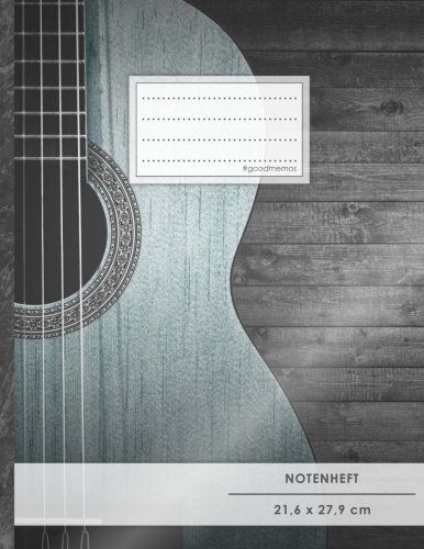 Notenheft: DIN A4 • 48 Seiten, 24 Blatt, 12 Systeme, „Akustik Gitarre“ • Original #GoodMemos Schulheft • Mit Inhaltsverzeichnis und Seitenzahlen, Noten-Lineatur 14