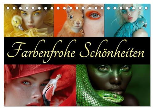 Farbenfrohe Schönheiten (Tischkalender 2026 DIN A5 quer), CALVENDO Monatskalender: Tiere und Frauen im farbigem Portrait - KI generiert (CALVENDO Tiere)