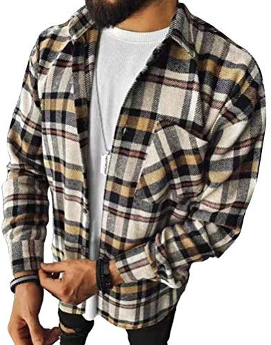 shownicer Chemises Homme en Flanelle Casual Manches Longues à Carreaux Chemise Veste Slim Fit Col en V Vintage Ample Bouton Bucheron Carreaux Chemise Hauts Tops B Beige 4XL