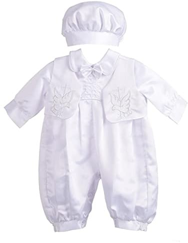 Lito Angels Infant Baby Boys Christening Gowns & Clothing Baptism Outfit Satin Romper White Suit with Hat Age 6-9 Months