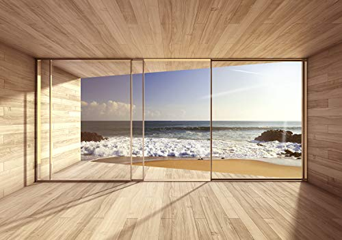 decomonkey Fototapete selbstklebend Fenster zum Meer Strand 245x175 cm Selbstklebende Tapeten Wand Fototapeten Tapete Wandtapete klebend Klebefolie Landschaft Sonne