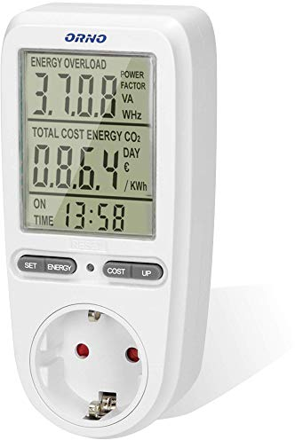 ORNO WAT-435(GS) Stromzähler für Steckdose Großer LCD-Bildschirm, Eingebaute Akku, 3680W