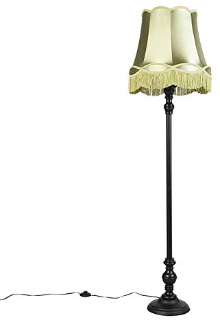 Qazqa - Klassisch I Antik Stehleuchte I Stehlampe I Standleuchte I Lampe I Leuchte schwarz mit Oma Schirm grün - Classico I Wohnzimmer I Schlafzimmer - Textil Länglich - LED geeignet E27