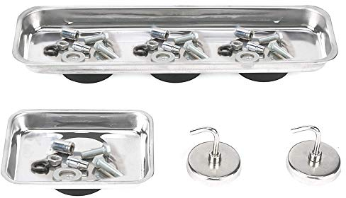 Bakaji Set 4pz Vassoio Vaschetta Piatto Magnetico Porta MInuteria Viti Bulloni con Base Calamitata Dimensione 22/9cm + Ganci Calamita Portattrezzi Utensili da Lavoro in Acciaio Inox