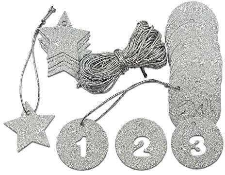 Frau WunderVoll 24 gestanzte Adventskalenderzahlen -Silber - aus stabilem Silber Papier inkl. 8 Meter Schnur + 6 Stern Anhänger/Weihnachtsanhänger/Weihnachtskalender/Adventskalender Anhänger