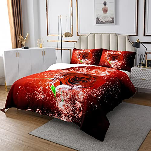 Rote Rose Gesteppte Bettdecke, Blumen-Bettdecken-Set für Kinder Mädchen Erwachsene Frauen, Exotische Blumen Tagesdecke 220x240, Abstrakte Kunst Leichte Bettwäsche Set Raumdekor Schlafzimmer Dekor